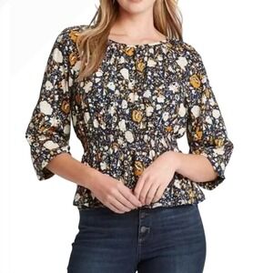 Universal Thread Floral Blouse Women's Small 3/4 Sleeve Smocked Waist‎
